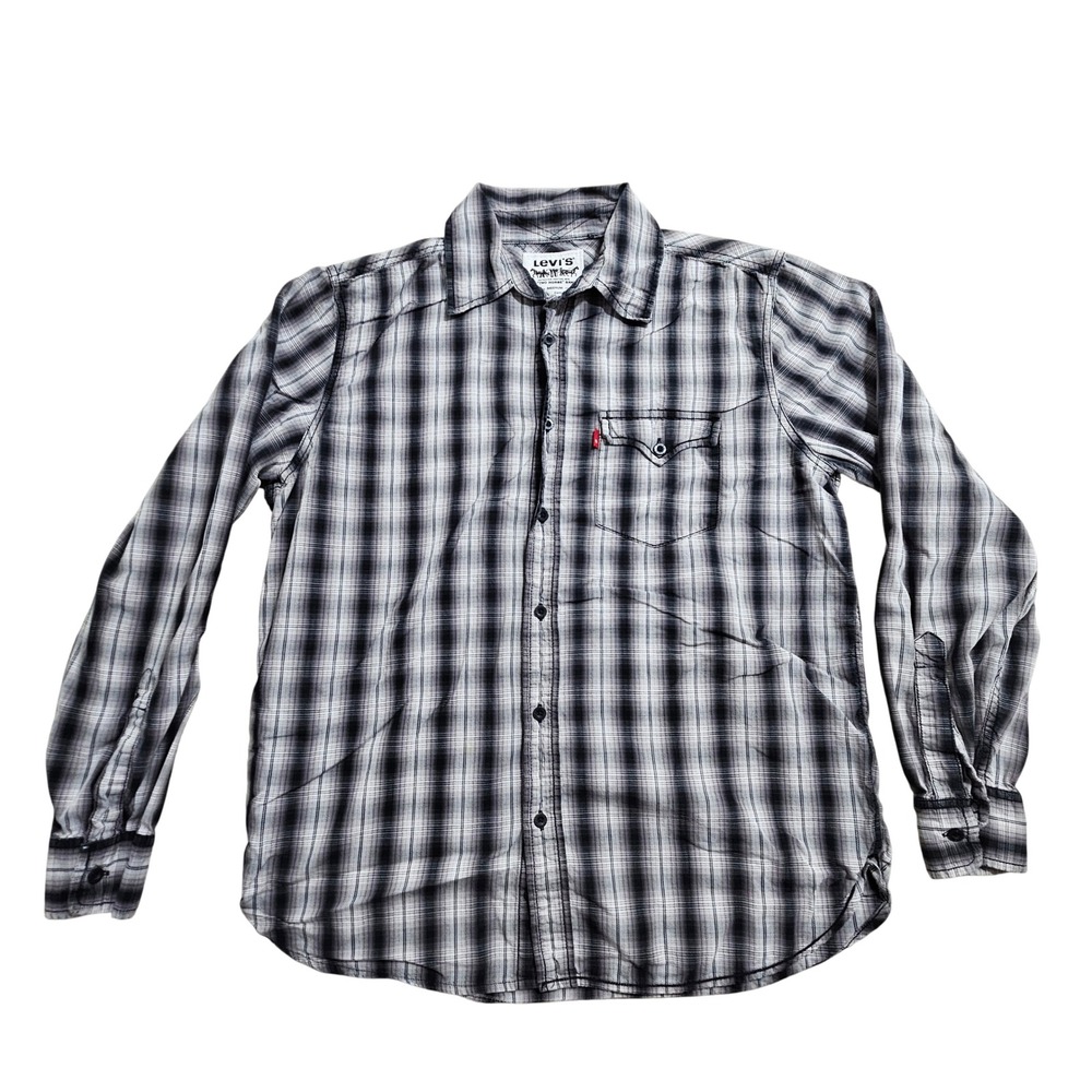 Levi's Plaid Button Down Shirt Medium Black White Grey Western Yoke Long Sleeve